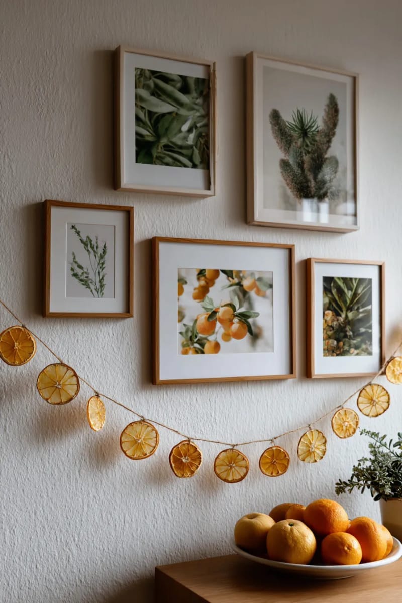 dried orange garland strung along a gallery wall with botanical prints 1