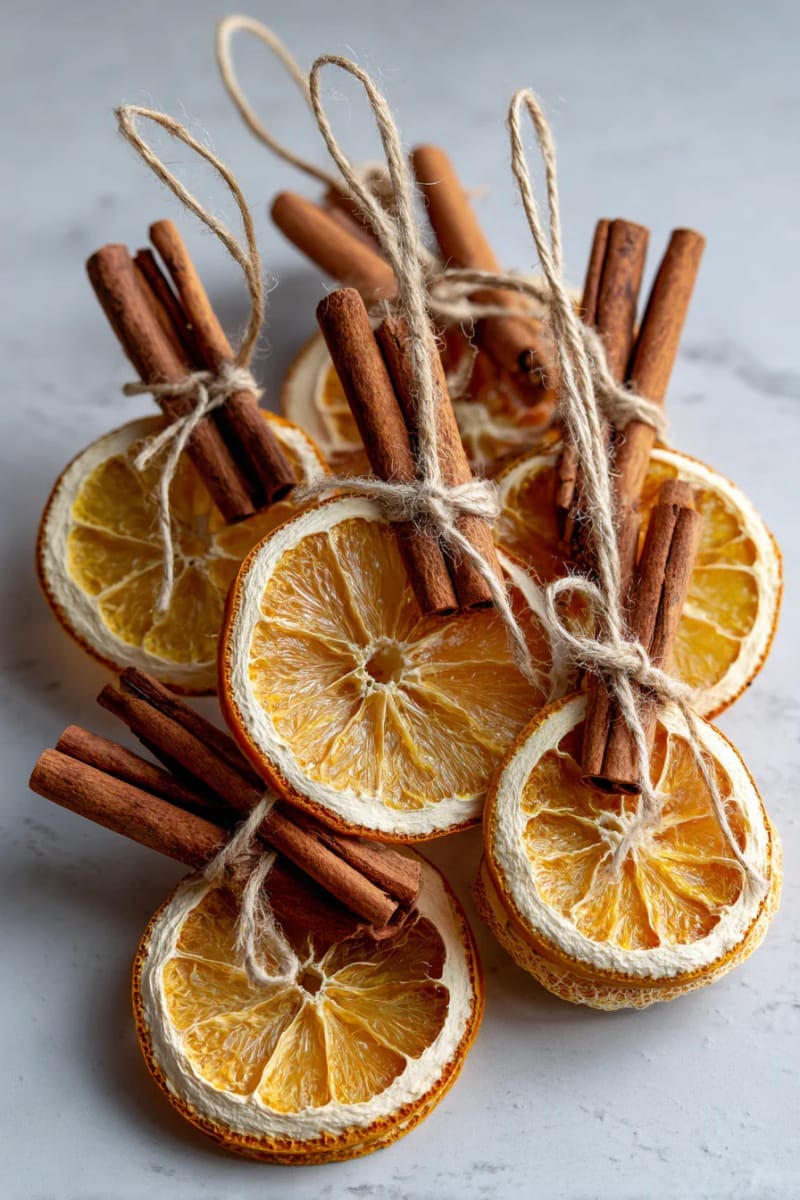 27 Unique Homemade Christmas Decorations You'll Love 18 dried orange slice and cinnamon stick tree ornaments with twine bows 1