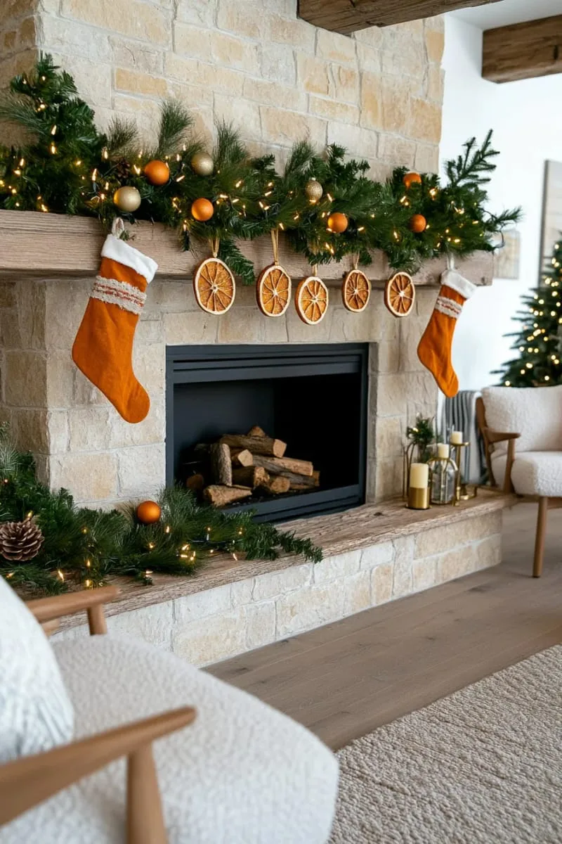 dried orange slice garland draped over a rustic mantel 1