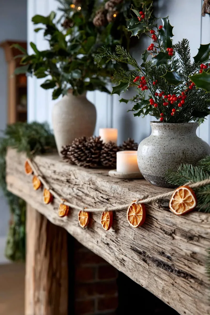 dried orange slice garland draped over a rustic mantel 1