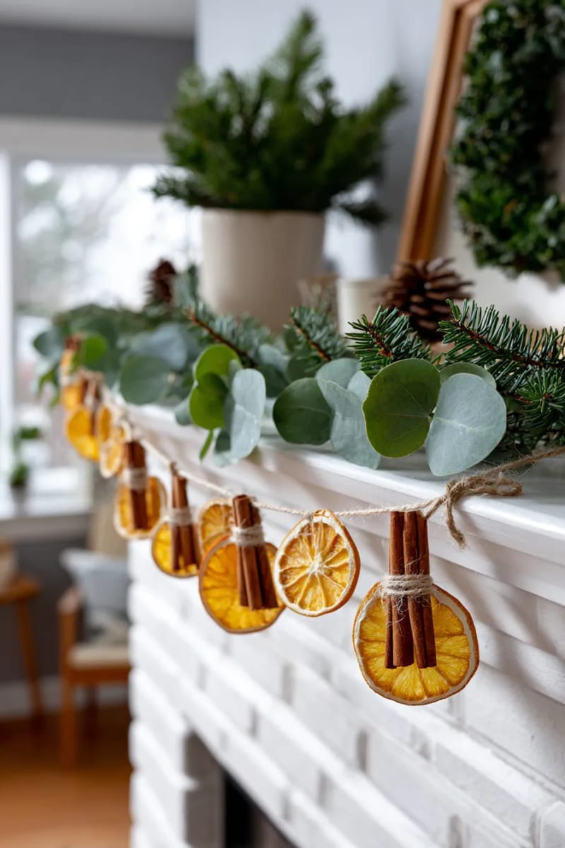 dried orange slice garland twined with eucalyptus leaves and cinnamon sticks 1