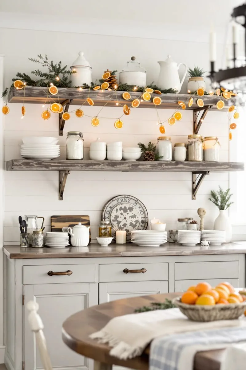 29 Simple Christmas Decor Ideas for a Beautiful Holiday Season 19 dried orange slice garlands strung across open shelving 1