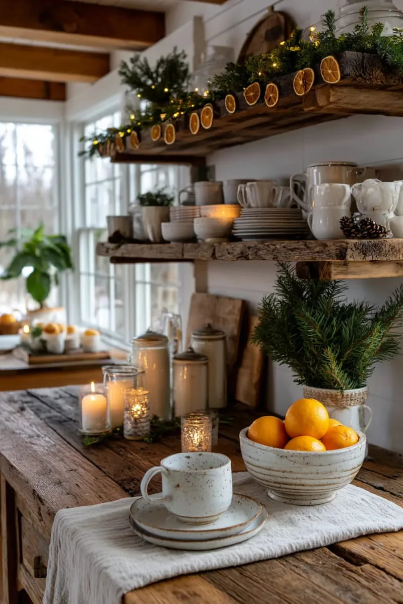 29 Simple Christmas Decor Ideas for a Beautiful Holiday Season 20 dried orange slice garlands strung across open shelving 1