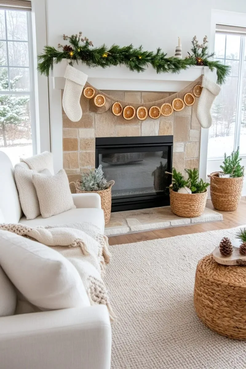 dried orange slices and twine garland across a whitewashed mantle 1