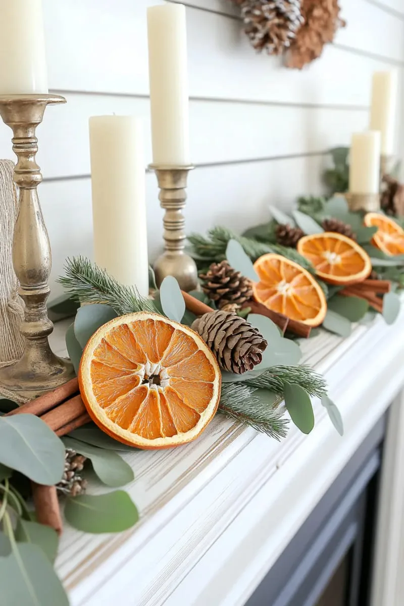dried orange slices and twine garland across a whitewashed mantle 1