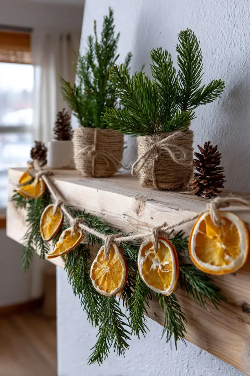 dried orange slices and twine garland across a whitewashed mantle 1
