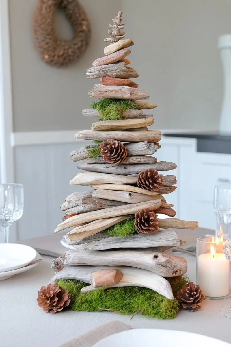 driftwood christmas tree centerpiece adorned with moss and pinecones 1