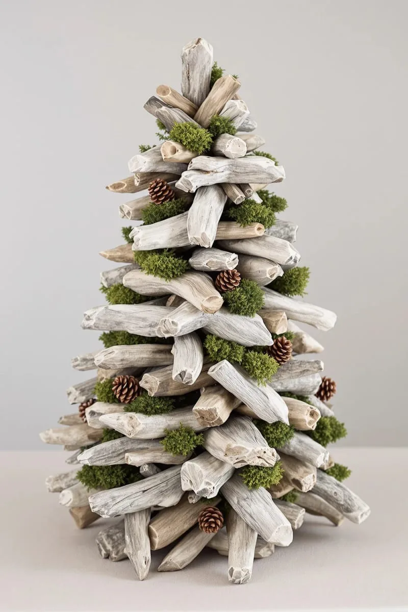 driftwood christmas tree centerpiece adorned with moss and pinecones 1