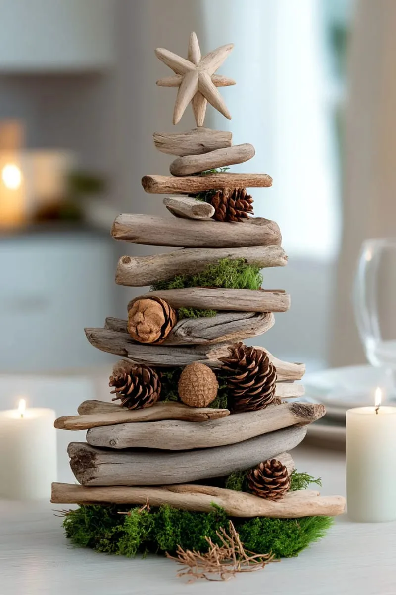 driftwood christmas tree centerpiece adorned with moss and pinecones 1