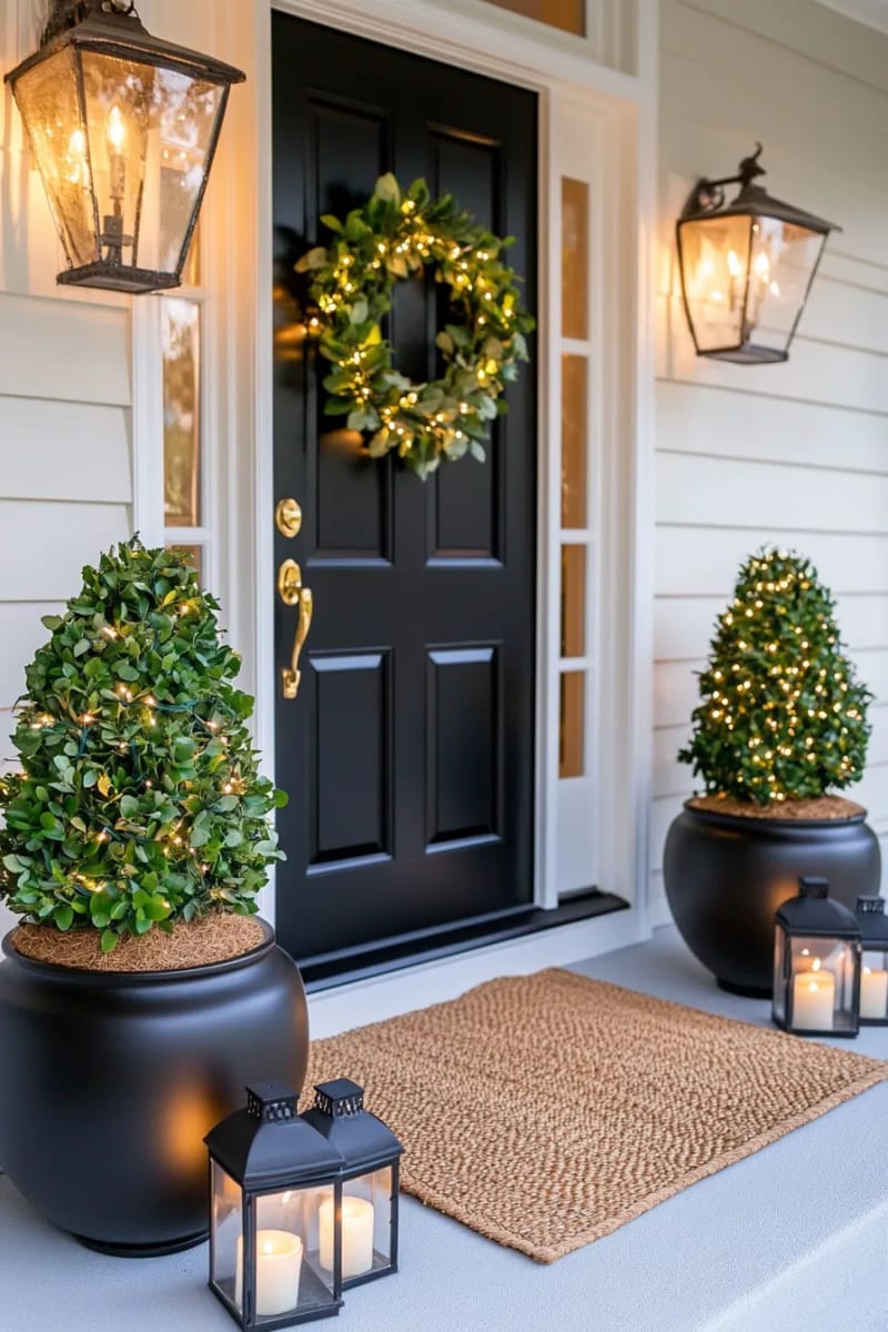 27 Beautiful Christmas Front Door Decor Ideas to Inspire 46 dual topiary trees draped in twinkle lights beside the front door 1