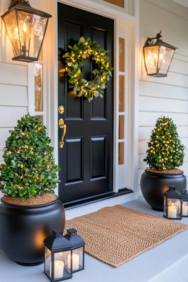 dual topiary trees draped in twinkle lights beside the front door 1