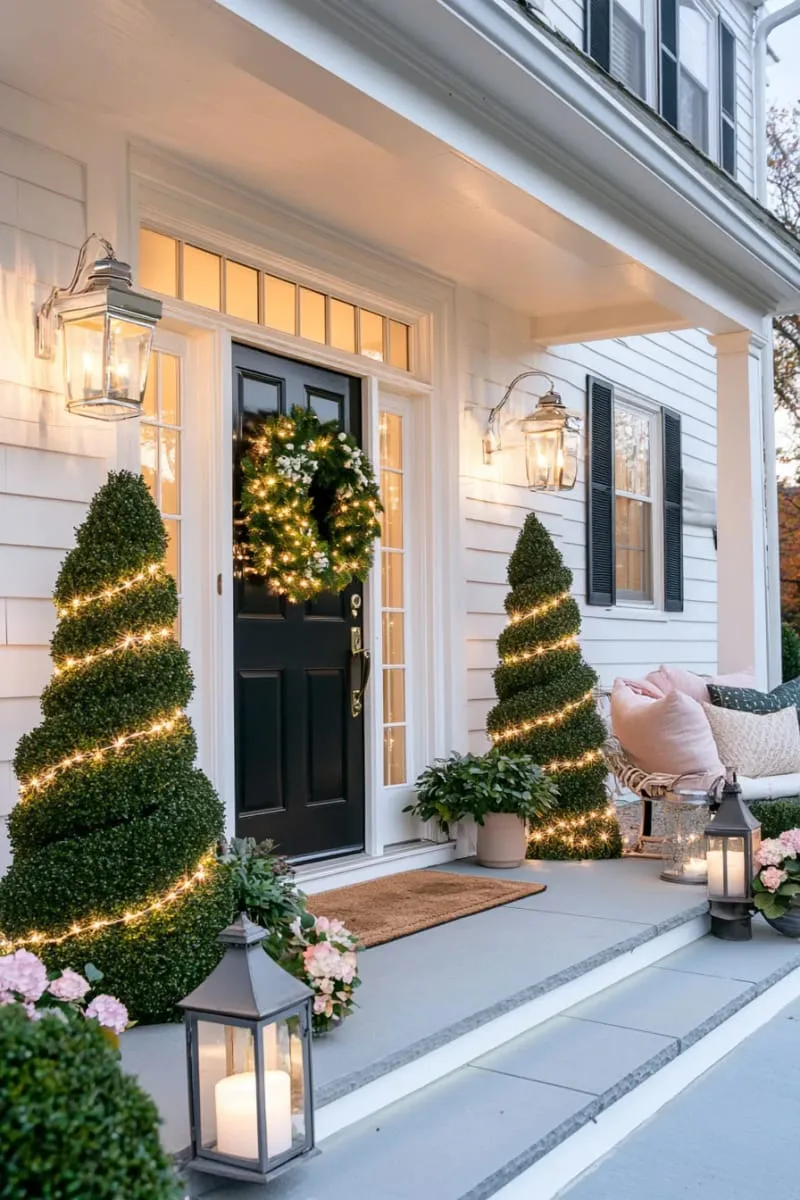 dual topiary trees draped in twinkle lights beside the front door 1