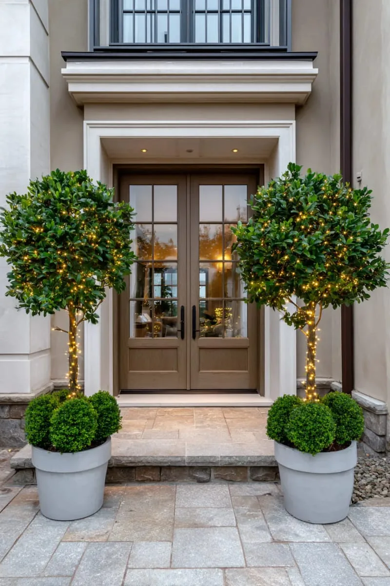 dual topiary trees draped in twinkle lights beside the front door 1