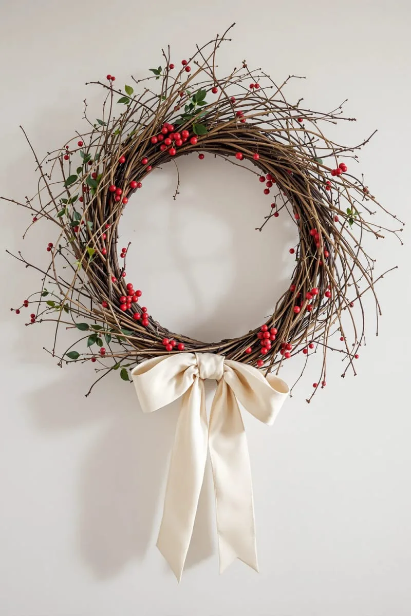 earthy twig and berry wreath with cotton ribbon accent 1