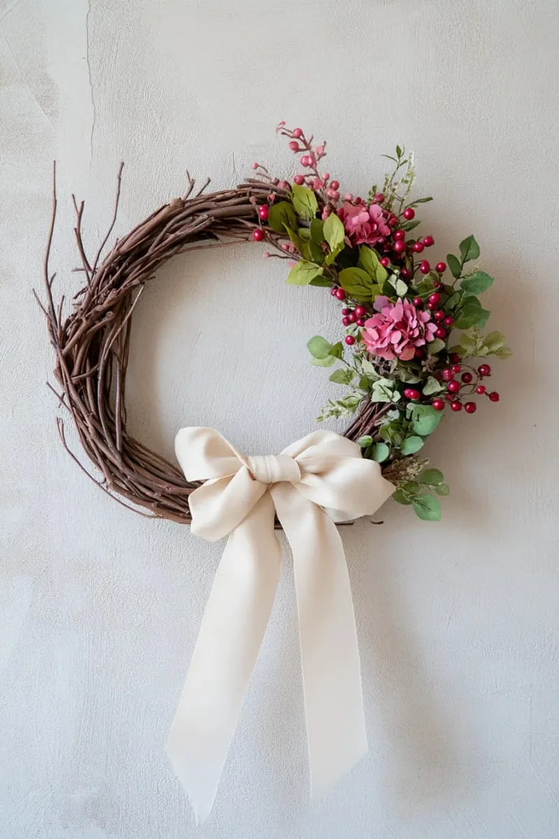 earthy twig and berry wreath with cotton ribbon accent 1