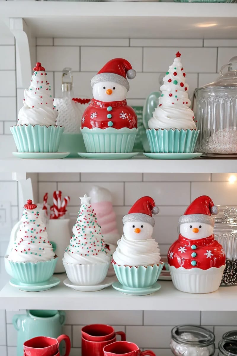 23 Kitsch Christmas Decor Ideas Full of Color, Whimsy, and Cheer 42 eclectic kitchen shelf with retro snowmen, flocked santas, and cupcake trees 1