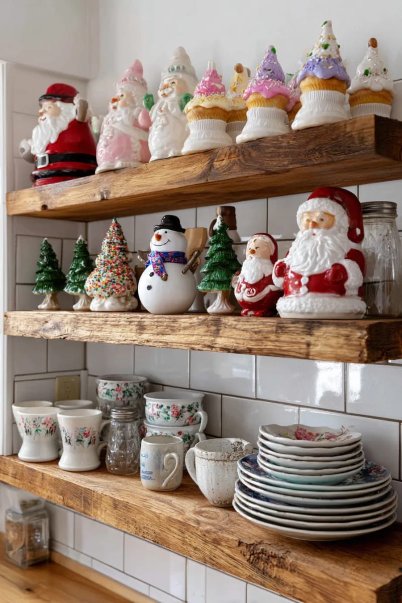 23 Kitsch Christmas Decor Ideas Full of Color, Whimsy, and Cheer 43 eclectic kitchen shelf with retro snowmen, flocked santas, and cupcake trees 1