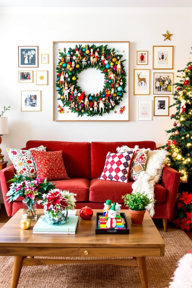 23 Kitsch Christmas Decor Ideas Full of Color, Whimsy, and Cheer 16 eclectic shadowbox wreath packed with tiny elves, deer, and plastic baubles 1