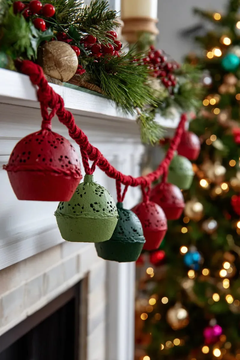 25 Upcycled Christmas Crafts DIY: Unique & Budget Friendly Decor Ideas 124 egg carton bells strung together with red and green yarn 1