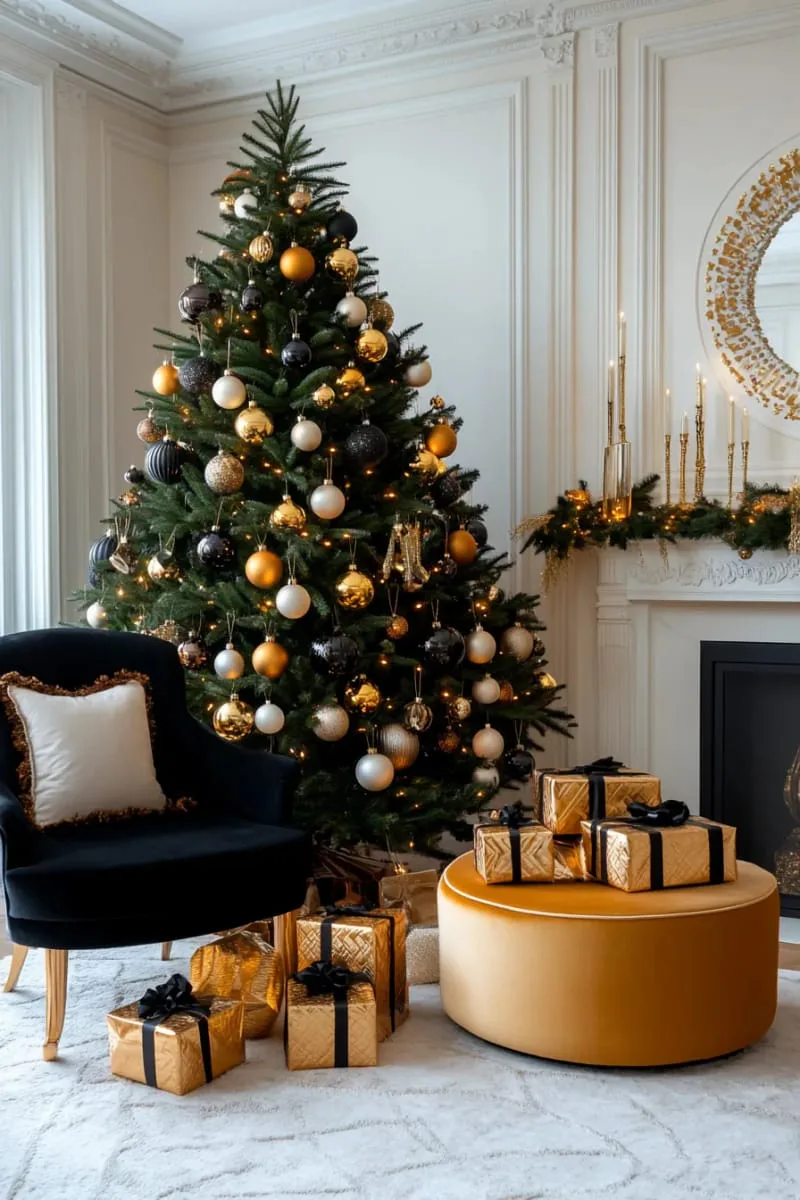elegant black and gold baubles cascading down a lush christmas tree 1