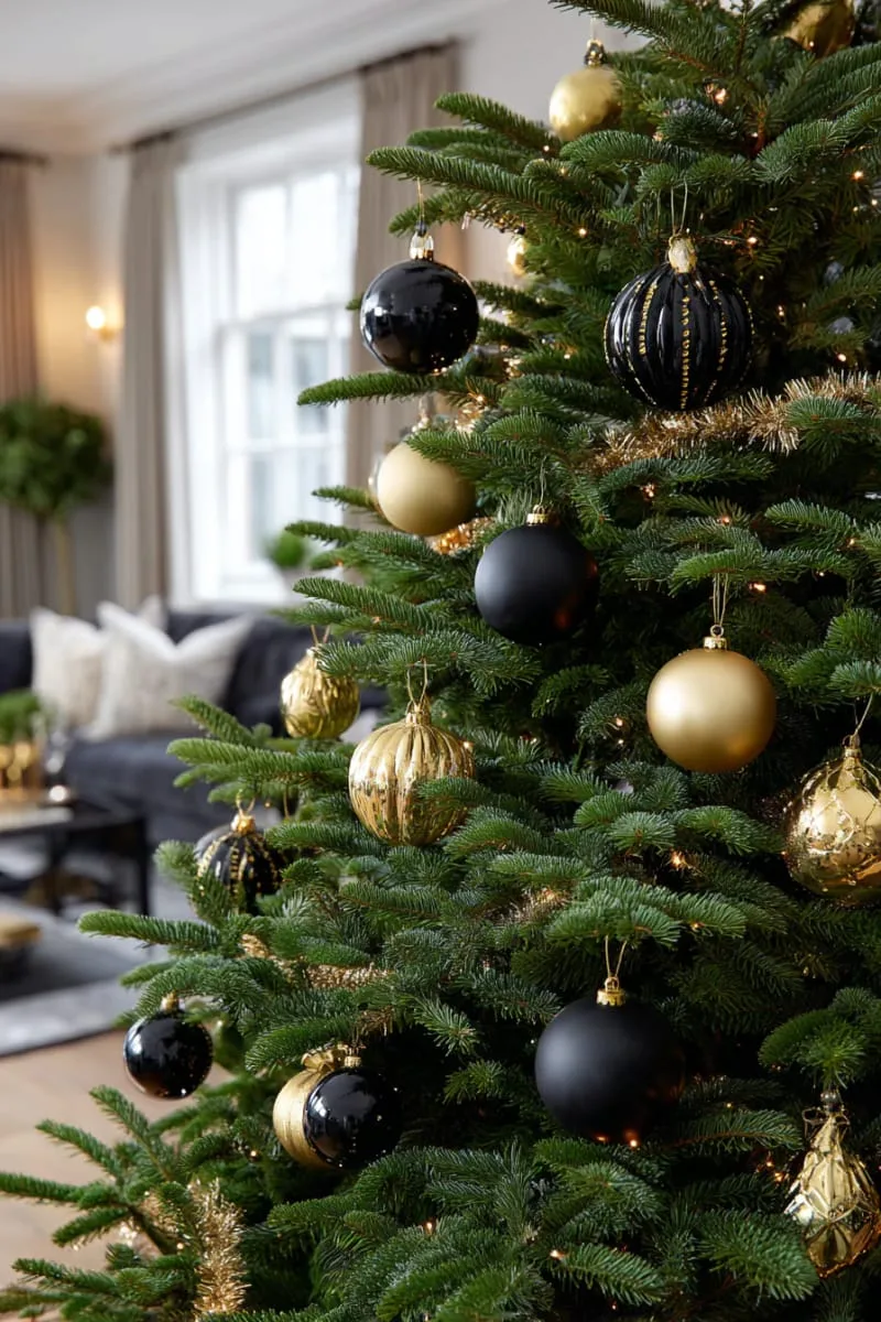 elegant black and gold baubles cascading down a lush christmas tree 1