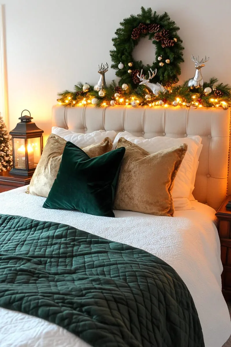 elegant candle lanterns and pine branches on bedside tables 1