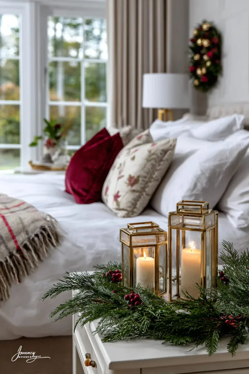 elegant candle lanterns and pine branches on bedside tables 1