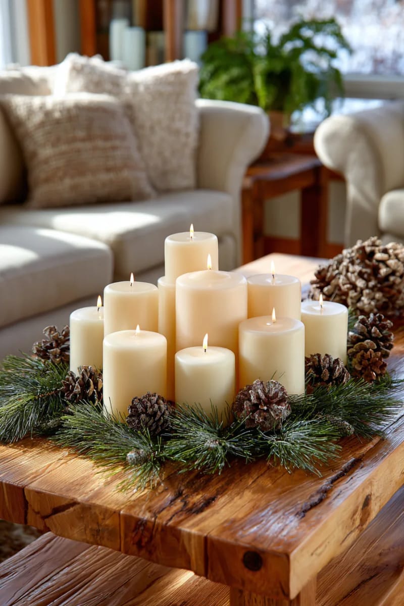 elegant cluster of pillar candles surrounded by pine branches on a coffee table 1