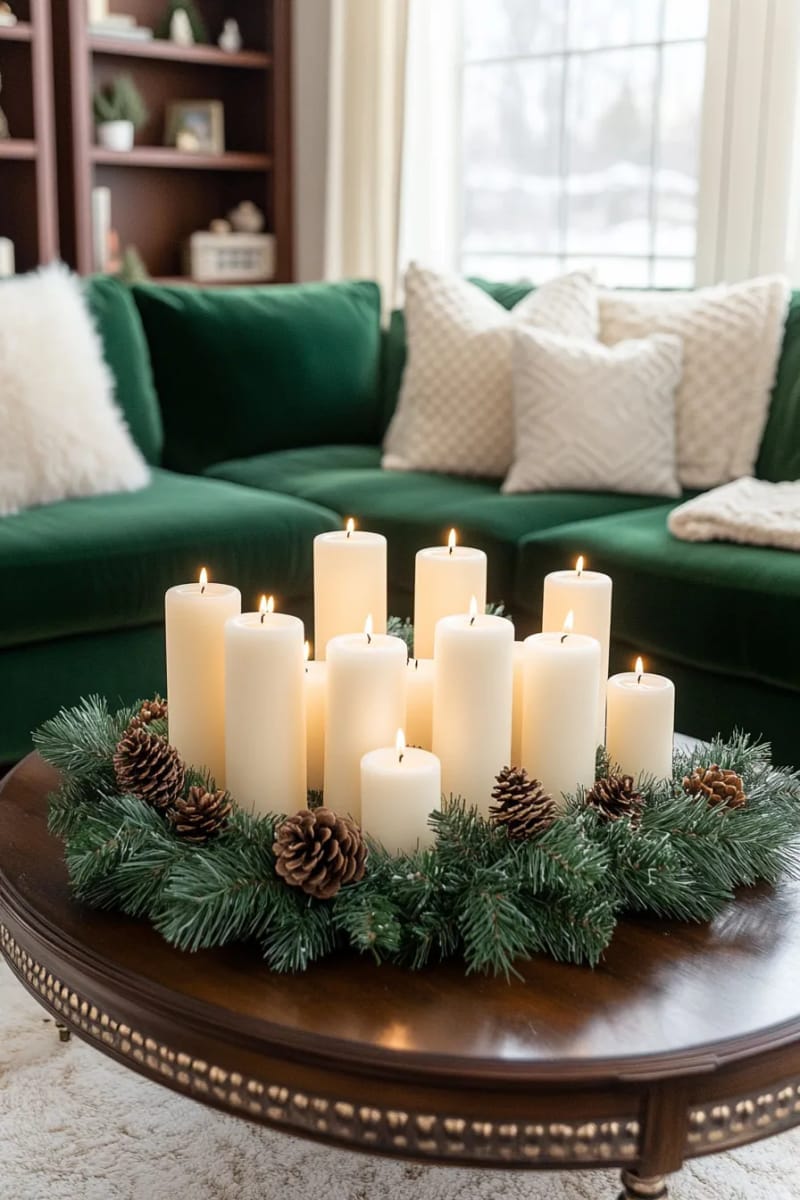 elegant cluster of pillar candles surrounded by pine branches on a coffee table 1