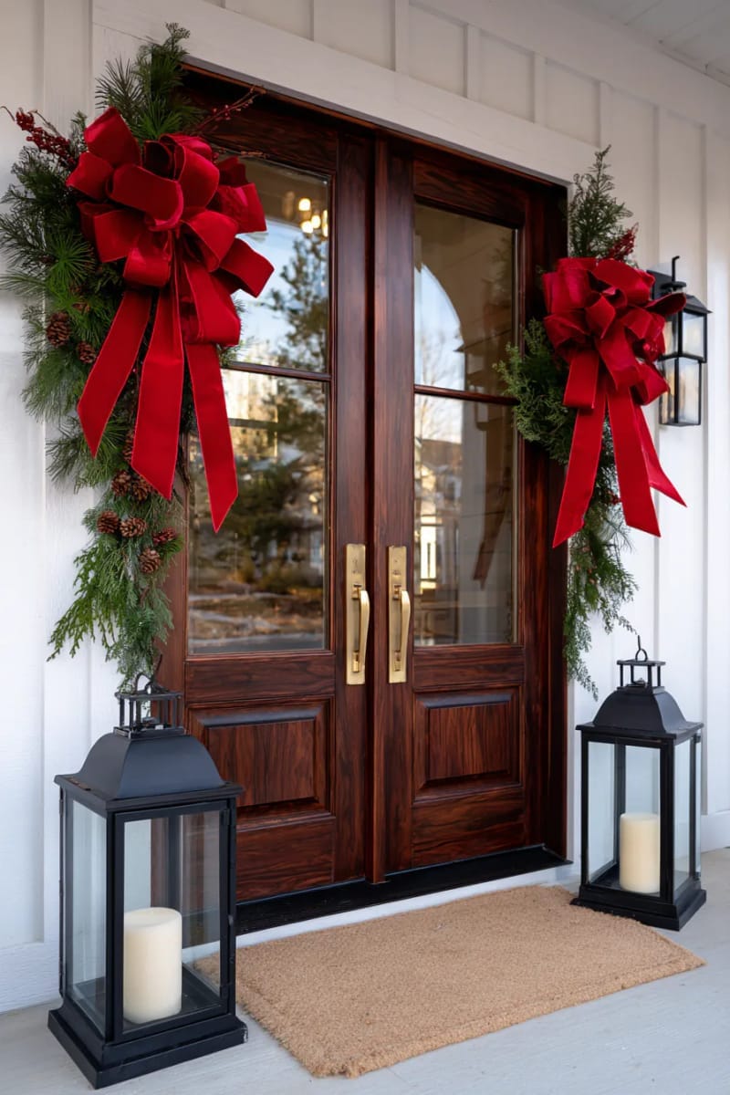 elegant front door adorned with oversized red ribbon bows and lanterns 1