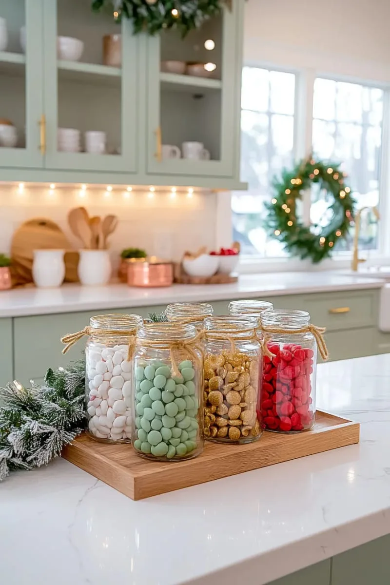 29 Creative Christmas Kitchen Decor Ideas You'll Absolutely Love 73 elegant glass jars filled with colorful holiday candies 1