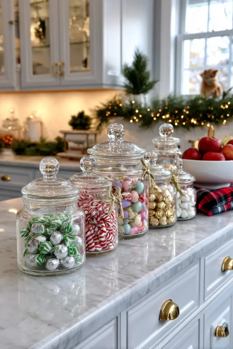 29 Creative Christmas Kitchen Decor Ideas You'll Absolutely Love 74 elegant glass jars filled with colorful holiday candies 1