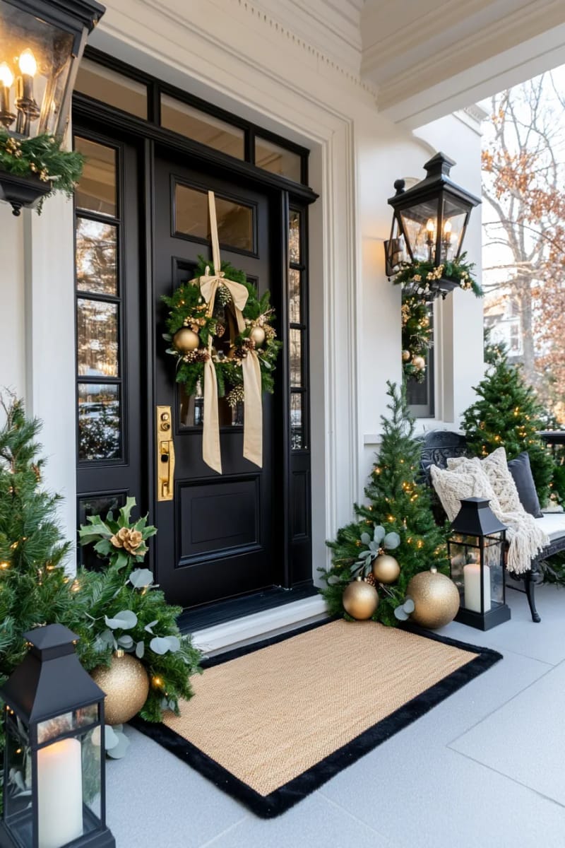 29 Festive Christmas Door Decor Ideas for a Magical Entry 14 elegant gold and black ornaments with eucalyptus and neutral ribbon accents 1