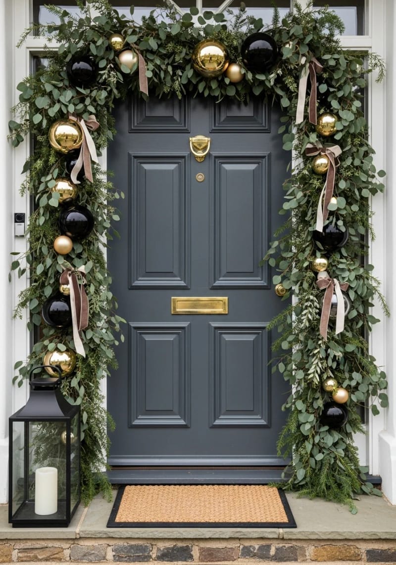 29 Festive Christmas Door Decor Ideas for a Magical Entry 15 elegant gold and black ornaments with eucalyptus and neutral ribbon accents 1