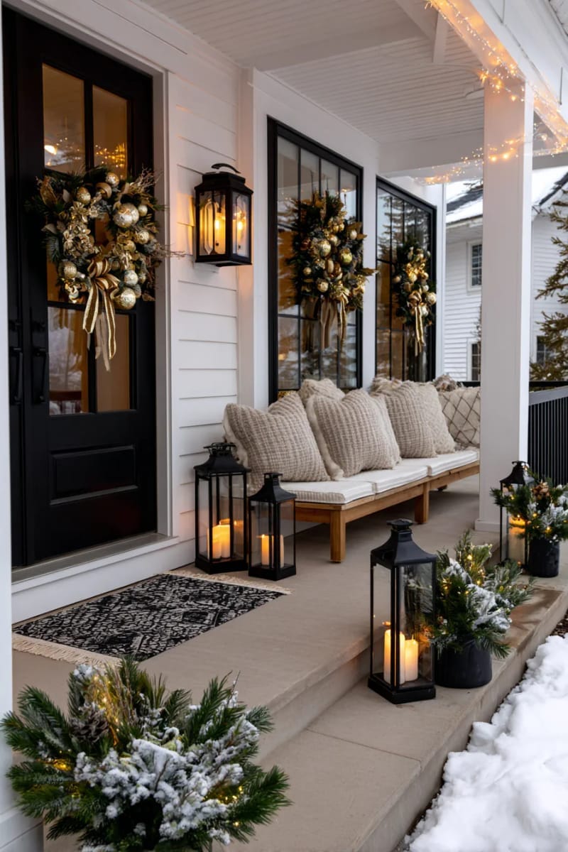 29 Festive Christmas Door Decor Ideas for a Magical Entry 16 elegant gold and black ornaments with eucalyptus and neutral ribbon accents 1