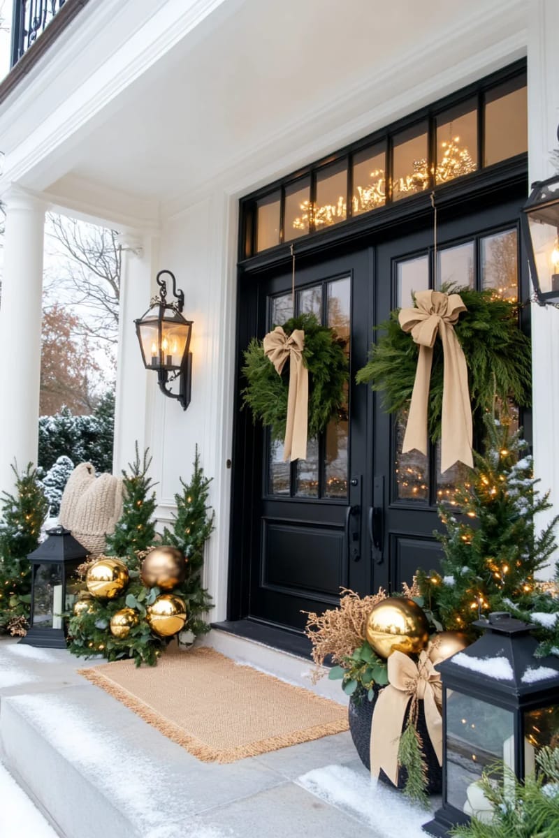 29 Festive Christmas Door Decor Ideas for a Magical Entry 17 elegant gold and black ornaments with eucalyptus and neutral ribbon accents 1