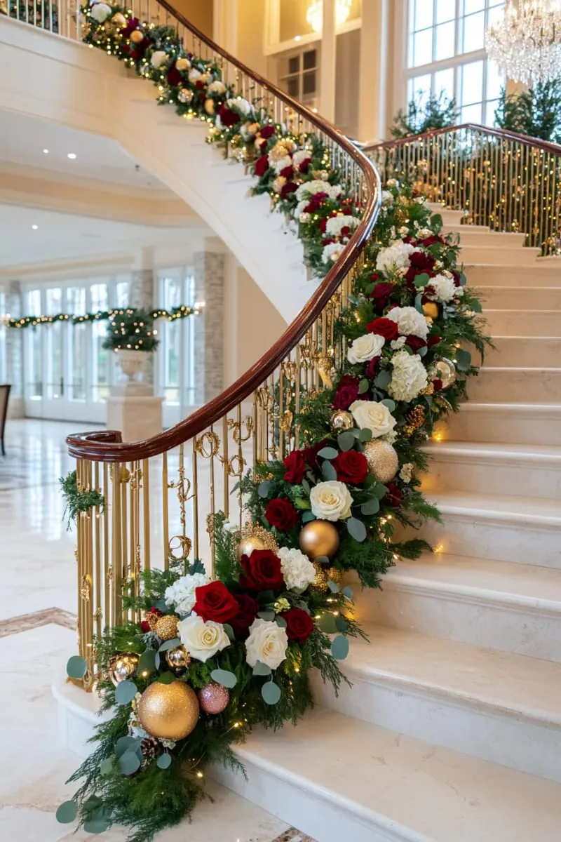 elegant gold and burgundy floral arrangements on every staircase landing 1 elegant gold and burgundy floral arrangements on every staircase landing 1