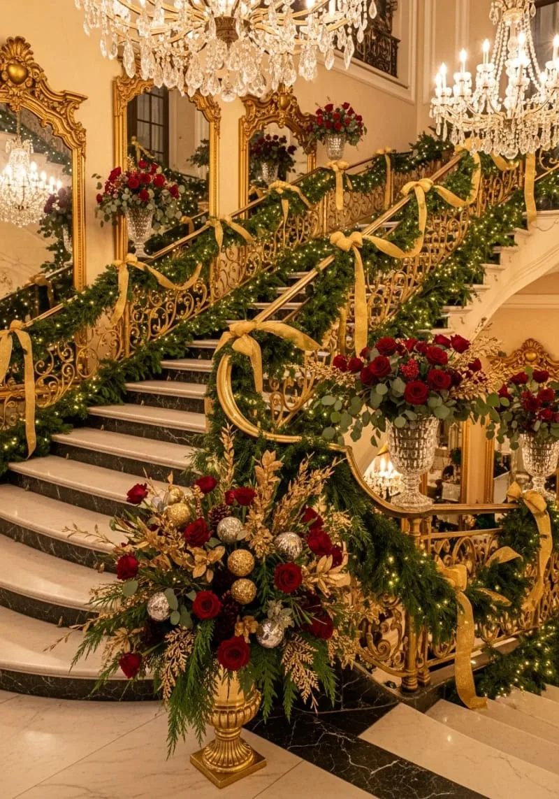 elegant gold and burgundy floral arrangements on every staircase landing 1 elegant gold and burgundy floral arrangements on every staircase landing 1