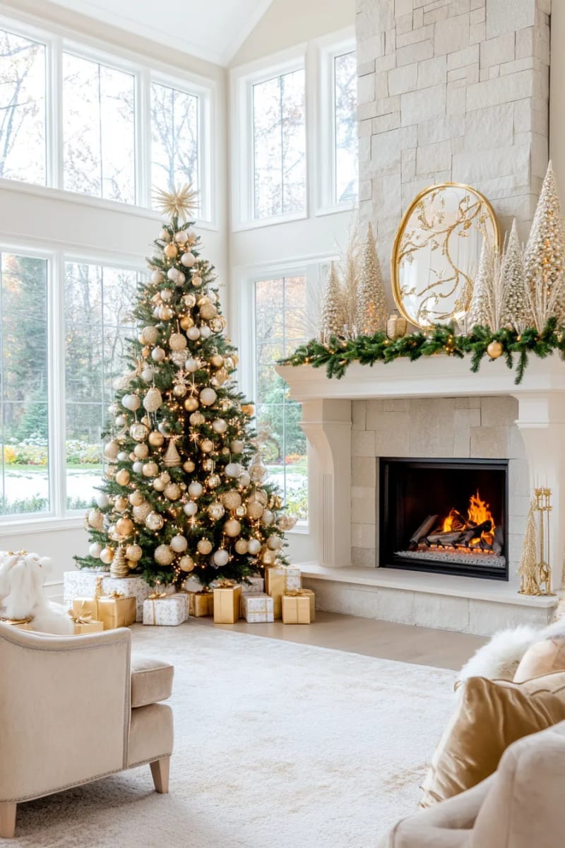 elegant gold and glass ornaments on a tree next to a roaring fire 1