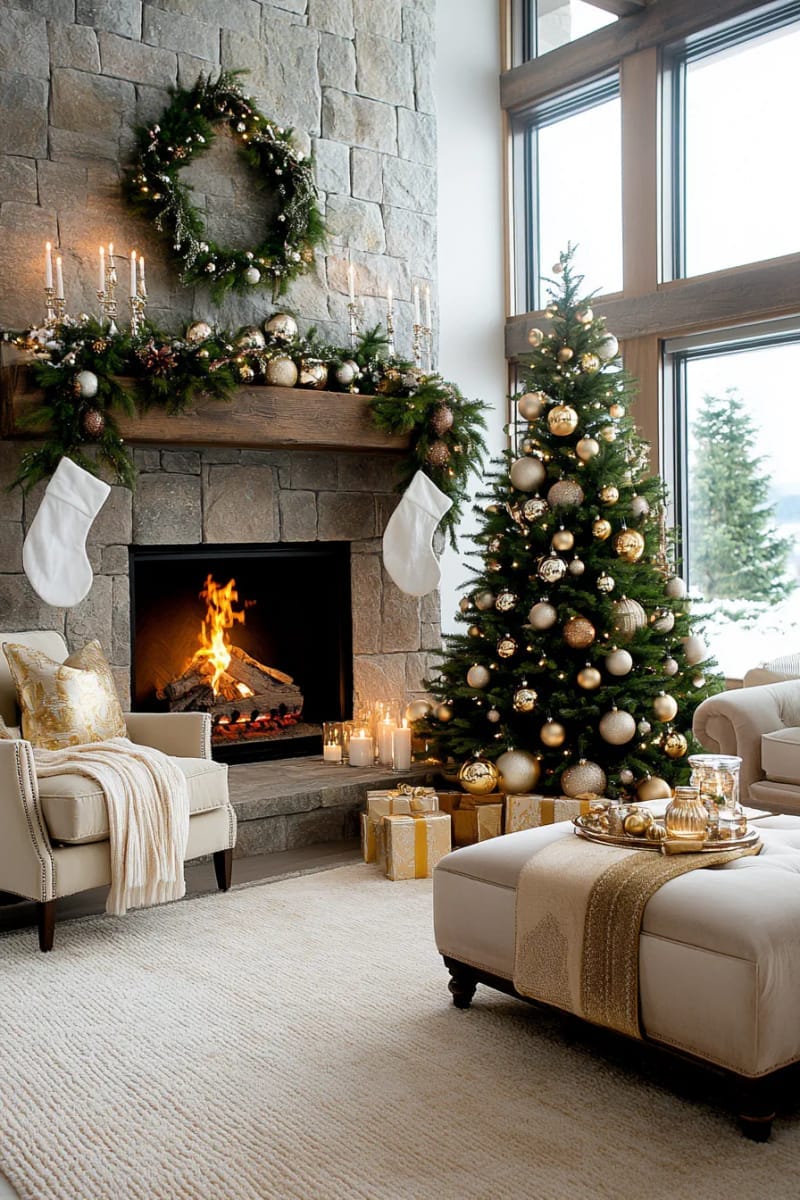 elegant gold and glass ornaments on a tree next to a roaring fire 1