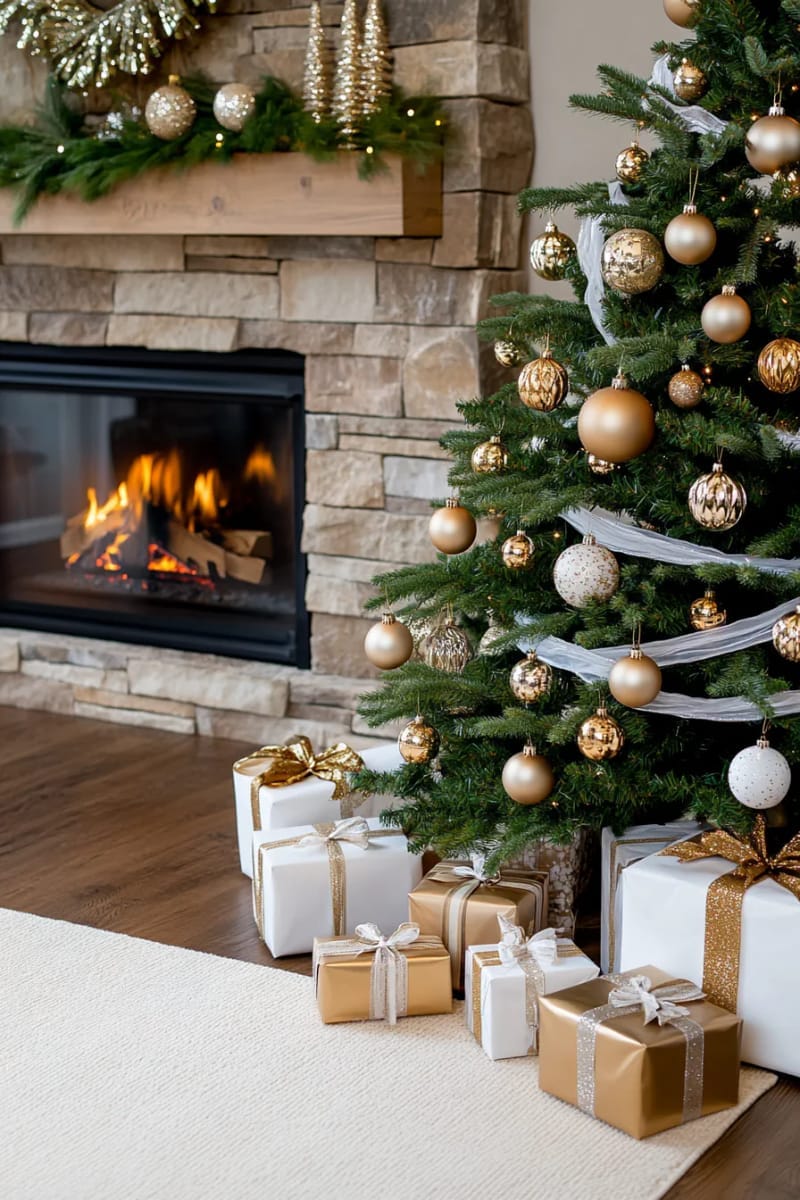 elegant gold and glass ornaments on a tree next to a roaring fire 1