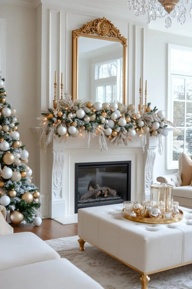 elegant gold and white baubles layered over frosted garland 1
