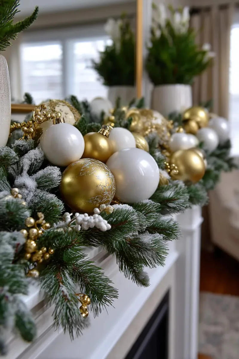 elegant gold and white baubles layered over frosted garland 1