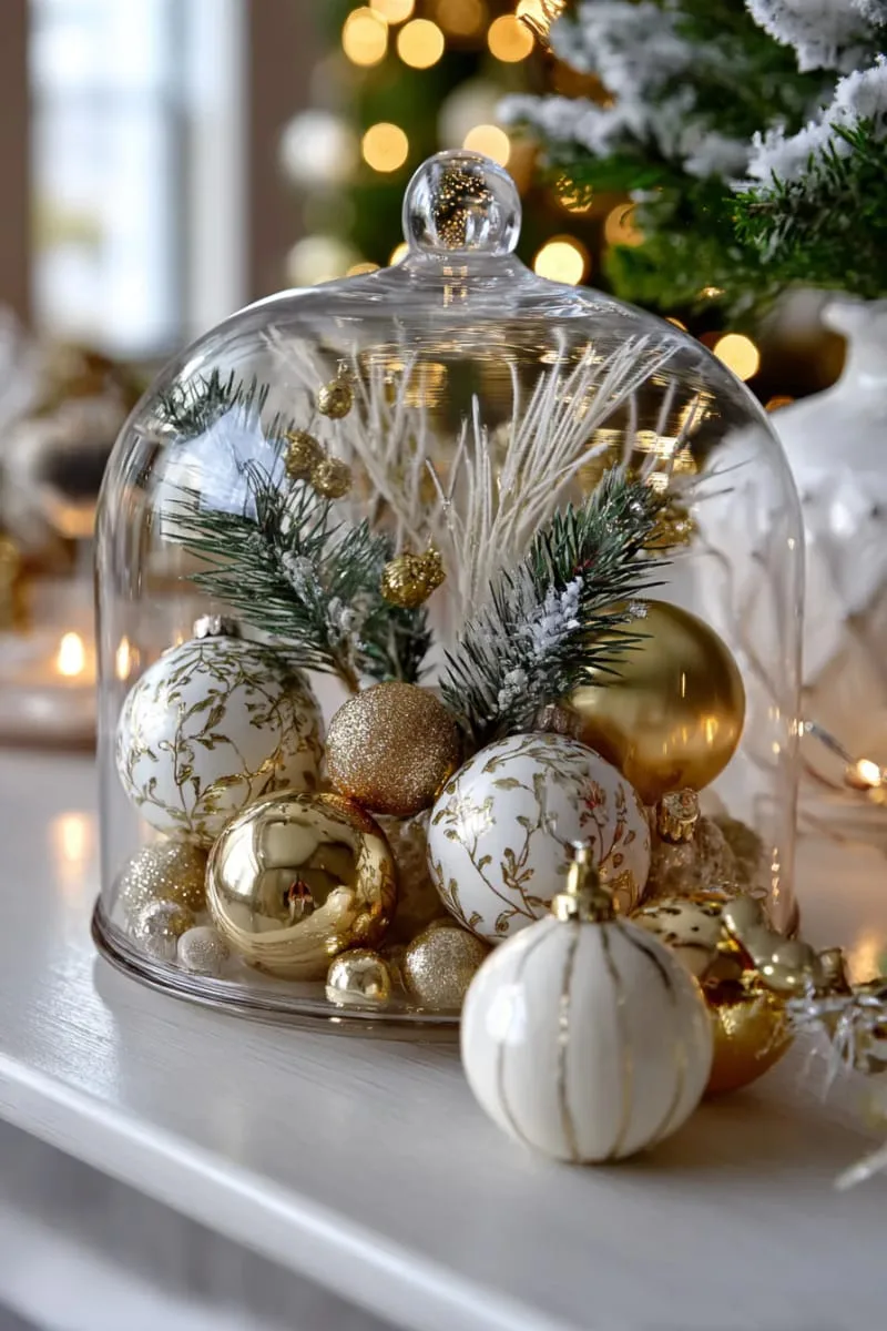 29 Best Christmas Decorations Trends You Can't Miss This Year 10 elegant gold and white ornament centerpiece with glass cloche 1