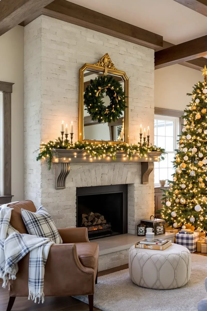 elegant gold-framed mirror crowned with a lush evergreen wreath 1