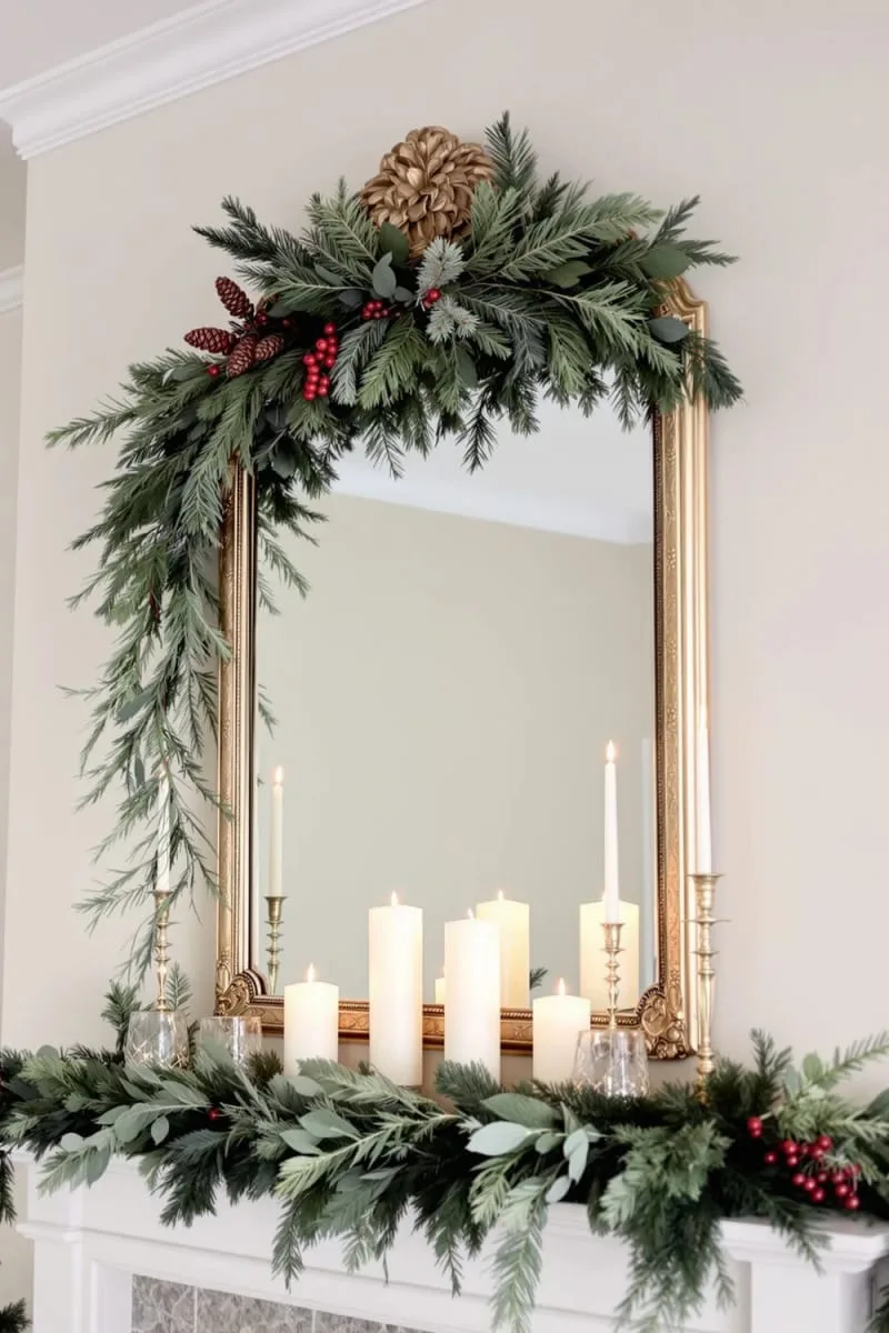 elegant gold-framed mirror crowned with a lush evergreen wreath 1