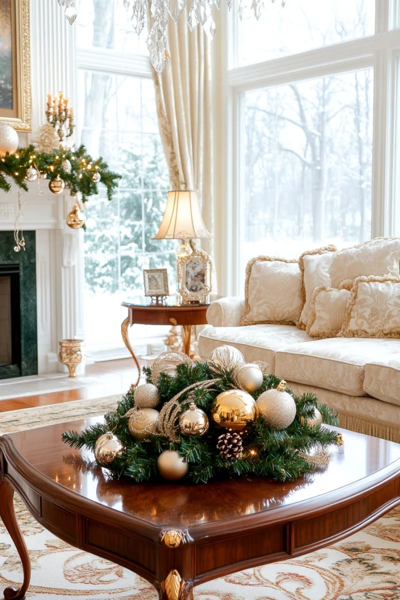 elegant gold ornaments nestled in lush evergreen arrangements 1