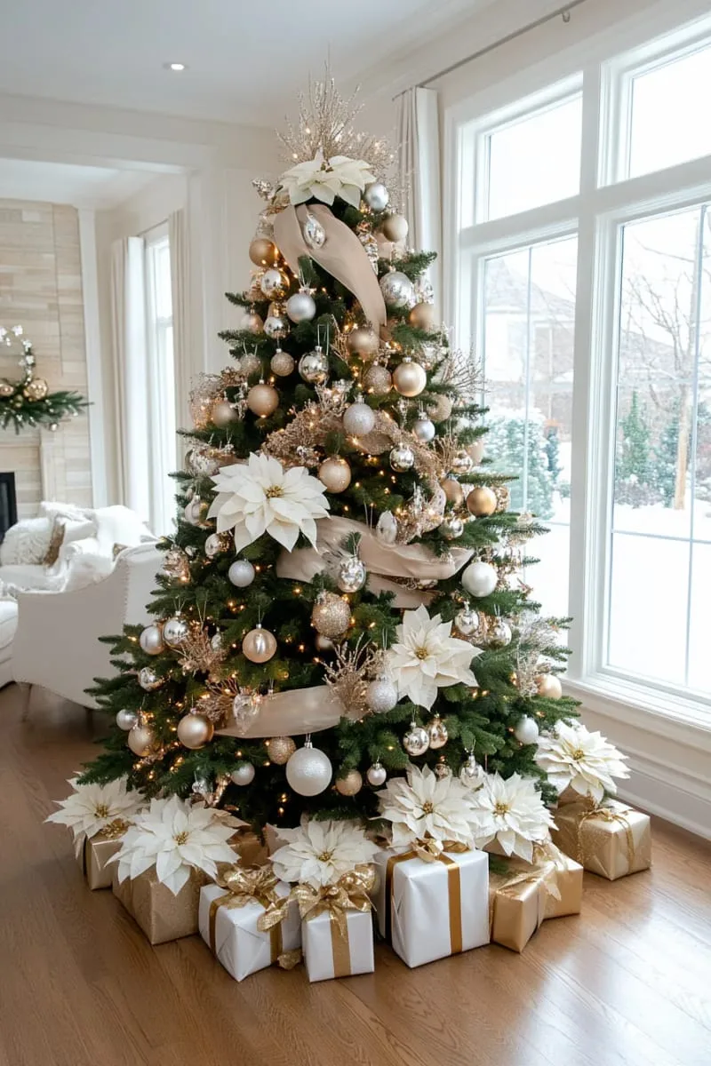 elegant ivory and champagne ribbon-wrapped christmas tree 1