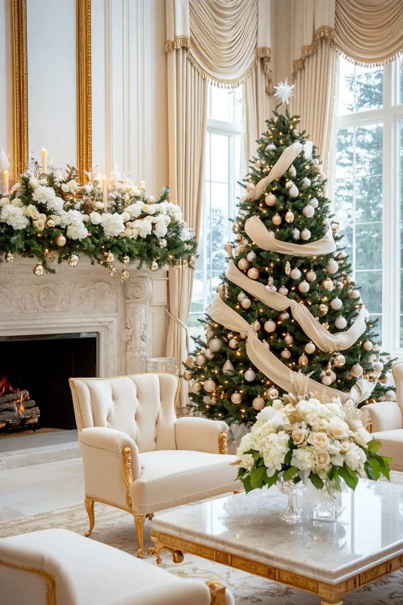 elegant ivory and champagne ribbon-wrapped christmas tree 1
