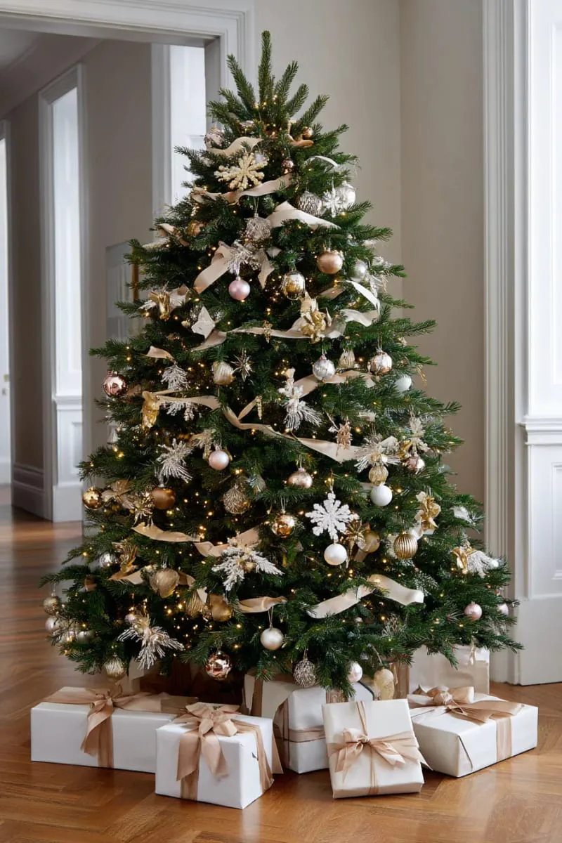 elegant ivory and champagne ribbon-wrapped christmas tree 1